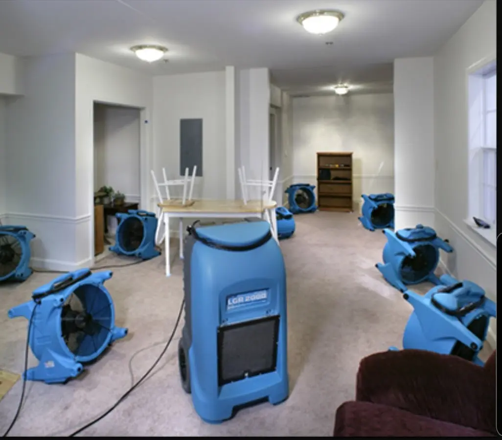 Air movers and dehumidifier setup for Water Damage Restoration in Oatfield